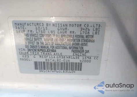 2016 Nissan Versa 1.6 S/1.6 S+/1.6 Sl/1.6 Sv from USA, damaged, VIN 3N1CN7AP6GL831604